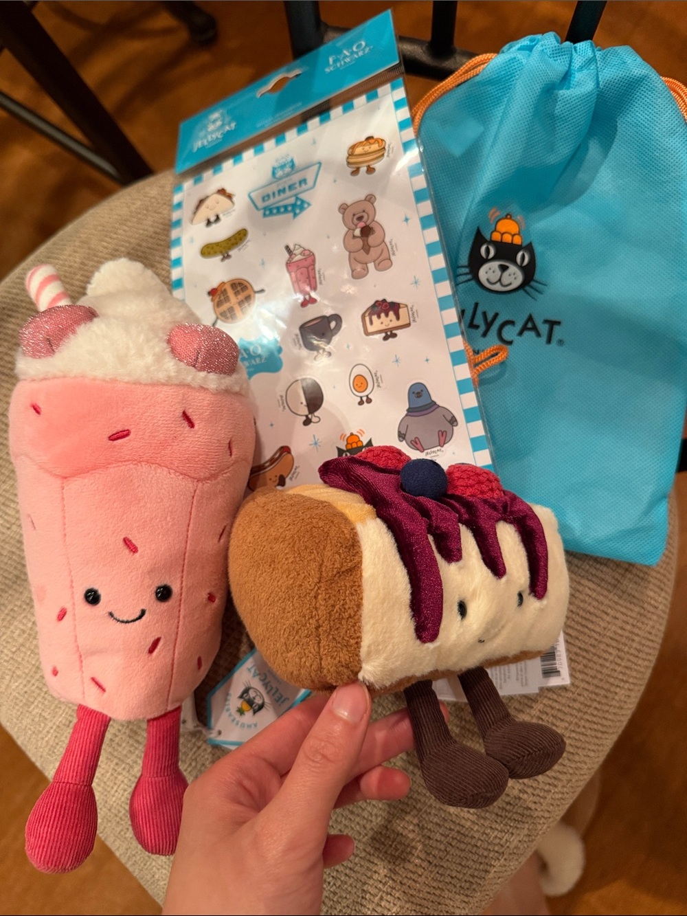 Jellycat Pink bubbeca Milkshake & cheesecake crember Plush Duo stickers bag